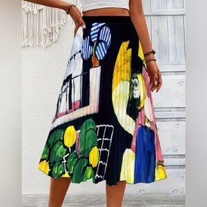 Geometric Print High-Waist A-Line Pleated Skirt